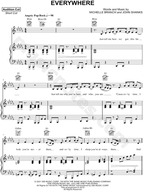 Michelle Branch Everywhere Sheet Music in Db Major (transposable) -  Download & Print - SKU: MN0040470