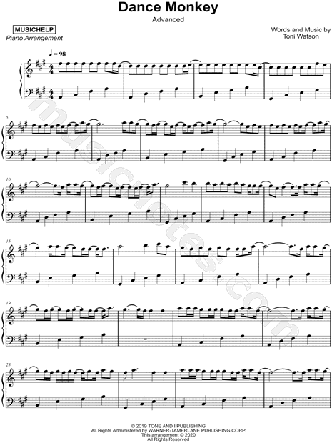 MUSICHELP Dance Monkey [advanced] Sheet Music (Piano Solo) in A Major -  Download & Print - SKU: MN0206534