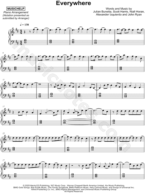 MUSICHELP Everywhere Sheet Music (Piano Solo) in D Major - Download &  Print - SKU: MN0210051