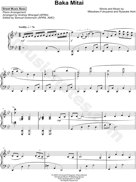 馬鹿みたい Baka Mitai – Mitsuharu Fukuyama, WITH UTAU AND LIVE VOCALS!, Sheet  music for Piano (Solo) Easy