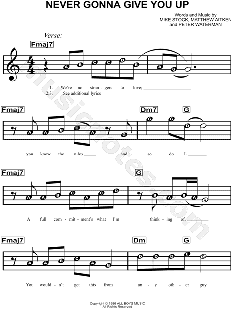 Never Gonna Give You Up Easy Sheet Music And Piano Letter Notes - Irish  folk songs