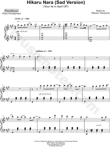 Your Lie in April OP - Hikaru Nara - Piano Sheet Music