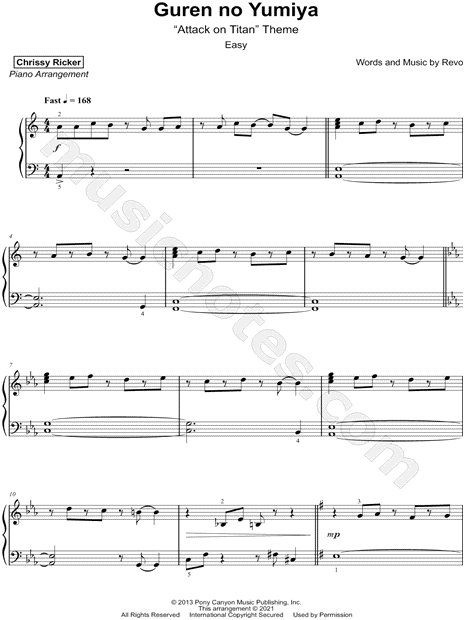 Attack On Titan Theme (Guren No Yumiya) Sheet music for Piano