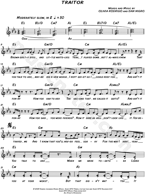 Olivia Rodrigo traitor Sheet Music in Eb Major (transposable