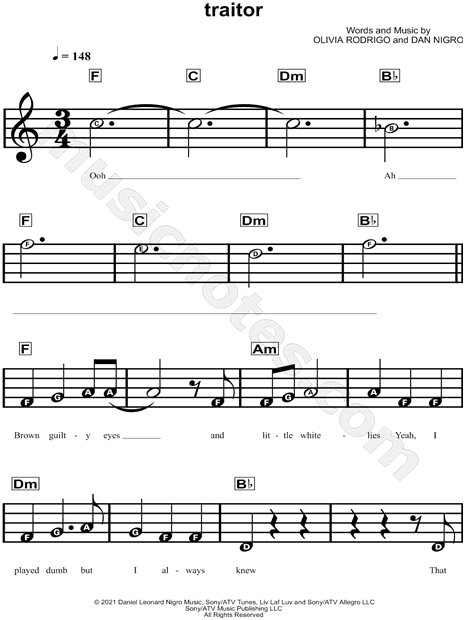 Olivia Rodrigo traitor Sheet Music Notes, Chords