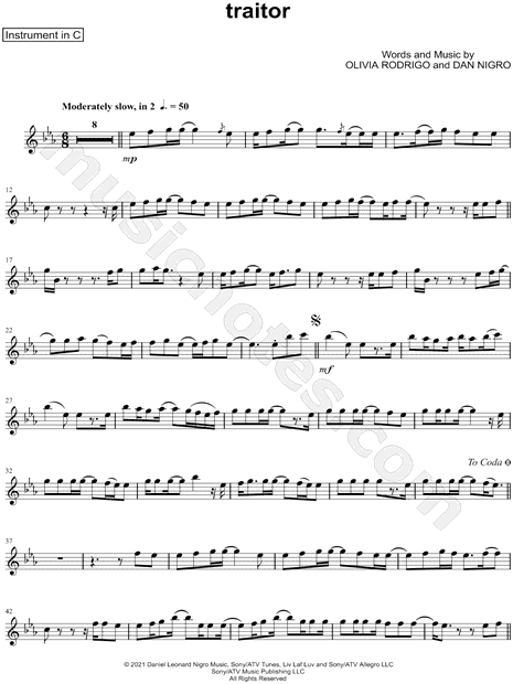 Olivia Rodrigo traitor - C Instrument Sheet Music (Flute, Violin