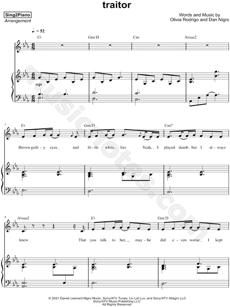 Olivia Rodrigo traitor Sheet Music (Leadsheet) in Eb Major