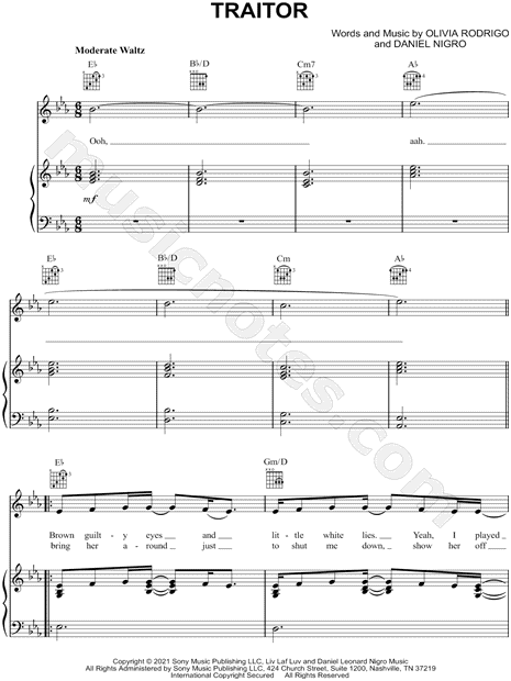 Olivia Rodrigo traitor Sheet Music in Eb Major (transposable