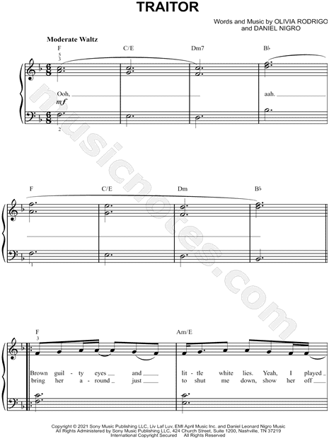 Olivia Rodrigo traitor Sheet Music (Easy Piano) in F Major