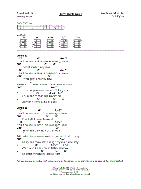 Don't Think Twice, It's All Right Sheet Music | Bob Dylan | Piano, Vocal &  Guitar Chords