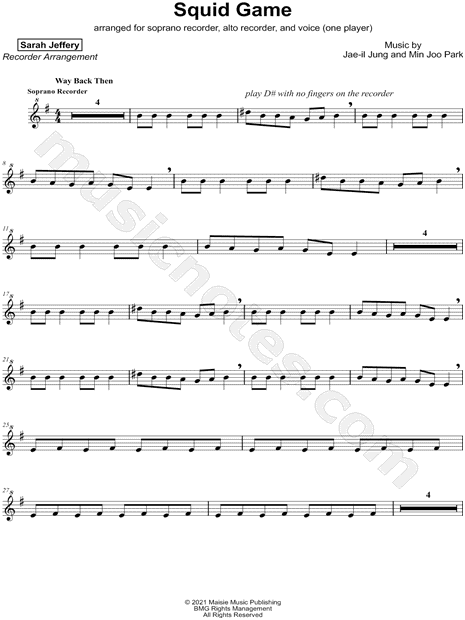 Squid Game - Way Back Then – Jung Jaeil Squid Game theme for recorder Sheet  music for Recorder (Solo)