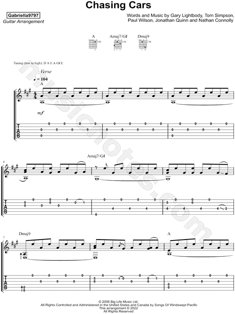 Gabriella9797 Chasing Cars Guitar Tab in A Major - Download & Print -  SKU: MN0250629