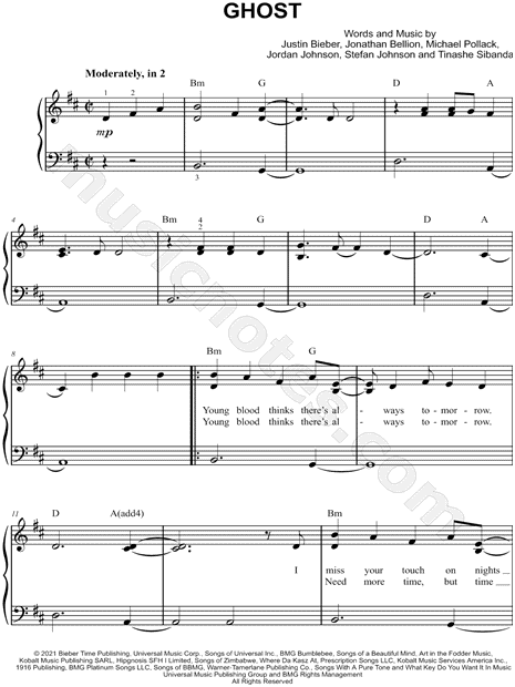 Ghost – Justin Bieber + Lyrics Sheet music for Piano (Solo) Easy