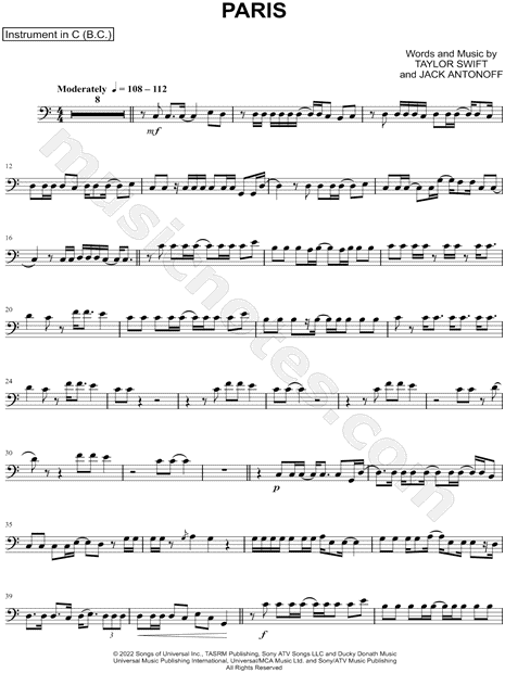 Taylor Swift Glitch - Bass Clef Instrument Sheet Music (Cello