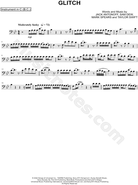 Taylor Swift Glitch - Bass Clef Instrument Sheet Music (Cello