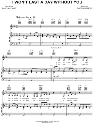 The Carpenters I Won T Last A Day Without You Sheet Music In D Major Transposable Download Print Sku Mn The Carpenters I Won T Last A Day Without You Sheet Music In D Major Transposable Download Print Sku Mn