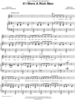 If I Were A Rich Man From Fiddler On The Roof Sheet Music In C Major Transposable Download Print Sku Mn0025926