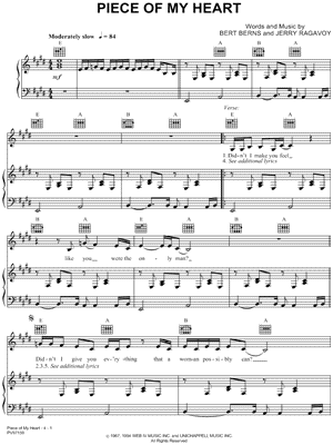 Janis Joplin Piece of My Heart Sheet Music in E Major (transposable) -  Download & Print - SKU: MN0148762