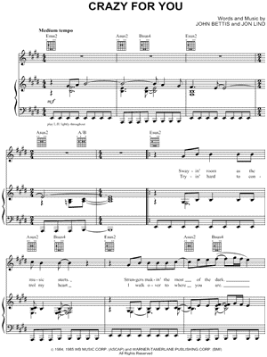 Madonna Crazy For You Sheet Music In E Major Transposable Download Print Sku Mn