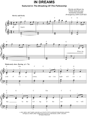 sharply Slime jump in In Dreams" from 'The Lord of the Rings' Sheet Music in C Major  (transposable) - Download & Print - SKU: MN0042509