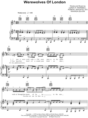 Werewolves Of London Sheet Music | Warren Zevon | Piano, Vocal & Guitar  Chords