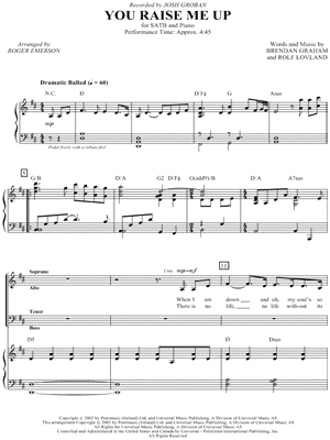 Josh Groban You Raise Me Up Arr Roger Emerson Satb Choir Accompaniment Choral Sheet Music In D Major Transposable Download Print Sku Mn