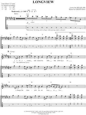 Green Day "Longview" Bass Tab in E Major - Download & Print.