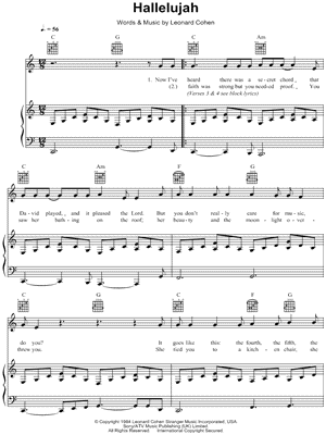 Leonard Cohen Hallelujah Sheet Music In C Major Transposable Download Print Sku Mn