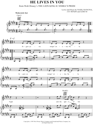 Lebo M - He Lives In You - from Walt Disney's The Lion King II: Simba's Pride - Sheet Music (Digital Download)