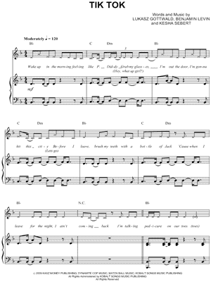 Kesha "Tik Tok" Sheet Music in D Minor (transposable) - Download ...