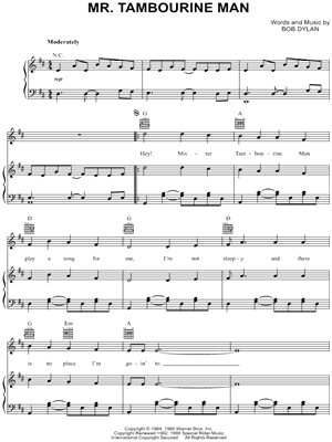 Bob Dylan Mr Tambourine Man Sheet Music In D Major Transposable Download Print Sku Mn