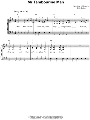 Bob Dylan Mr Tambourine Man Sheet Music Easy Piano In G Major Transposable Download Print Sku Mn