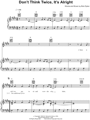 Bob Dylan Don T Think Twice It S Alright Sheet Music In E Major Transposable Download Print Sku Mn