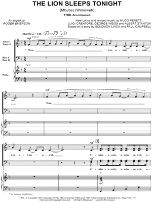 Roger Emerson - The Lion Sleeps Tonight - Mbube / Wimoweh - Sheet Music (Digital Download)