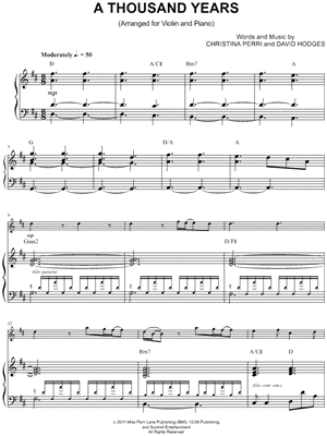 interrumpir agudo En honor Christina Perri "A Thousand Years - Piano Accompaniment (Violin)" Sheet  Music in D Major (transposable) - Download & Print - SKU: MN0103751