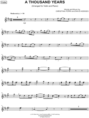 Christina Perri A Thousand Years Violin Sheet Music Violin Solo In D Major Transposable Download Print Sku Mn