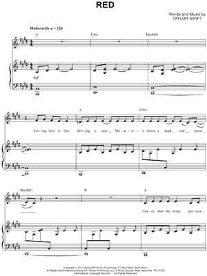 Taylor Swift Red Sheet Music In E Major Transposable