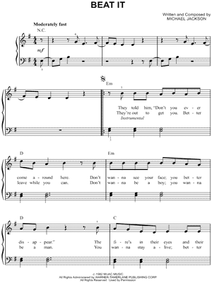 Michael Jackson Beat It Sheet Music Easy Piano In E Minor Transposable Download Print Sku Mn