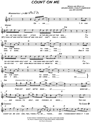 Bruno Mars Count On Me Sheet Music Leadsheet In C Major Transposable Download Print Sku Mn