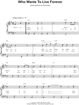 Queen - Who Wants To Live Forever - Sheet Music (Digital Download)