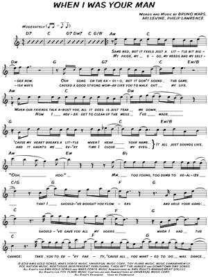 Bruno Mars When I Was Your Man Sheet Music Leadsheet In C Major Transposable Download Print Sku Mn0130715