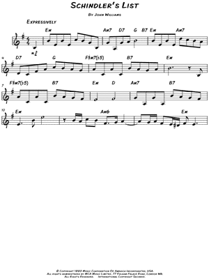 Theme From Schindler S List From Schindler S List Sheet Music Leadsheet Flute Violin Oboe Or Recorder In E Minor Transposable Download Print Sku Mn0131937