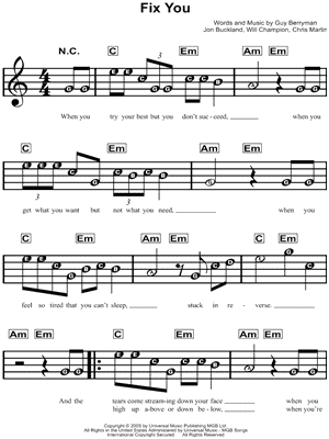 Coldplay "Fix Sheet Music for Beginners in C Major - Download & Print - SKU: MN0134710
