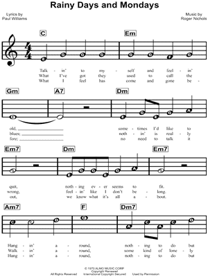 Rainy Days and Mondays Sheet Music | Carpenters | Piano Chords/Lyrics