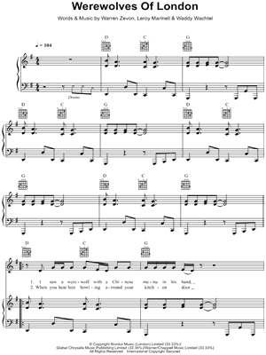 Warren Zevon Werewolves of London Bass Tab in C Major - Download & Print  - SKU: MN0053556