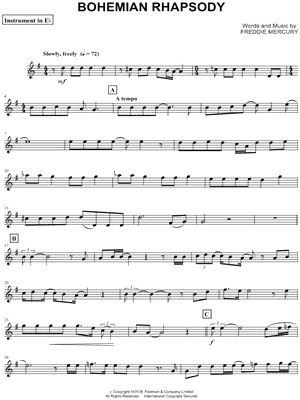 Chemicus Kapitein Brie mooi Queen "Bohemian Rhapsody - Eb Instrument" Sheet Music (Alto or Baritone  Saxophone) in G Major - Download & Print - SKU: MN0168045