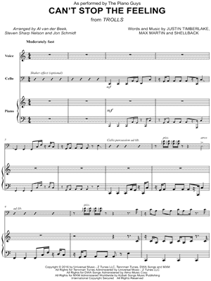 The Piano Guys - Can't Stop the Feeling! - Cello & Piano/Vocal - from Trolls - Sheet Music (Digital Download)