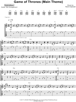 Kelly Valleau Game Of Thrones Main Theme Guitar Tab In A Minor