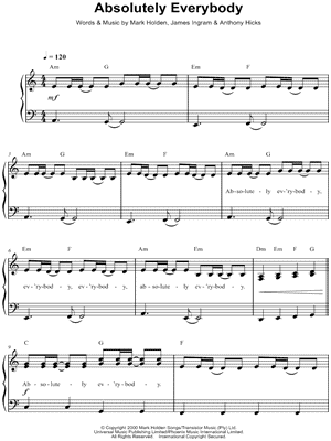 Absolutely Everybody Sheet Music by Vanessa Amorosi - Easy Piano