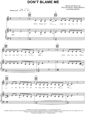 Taylor Swift Dont Blame Me Sheet Music In A Minor